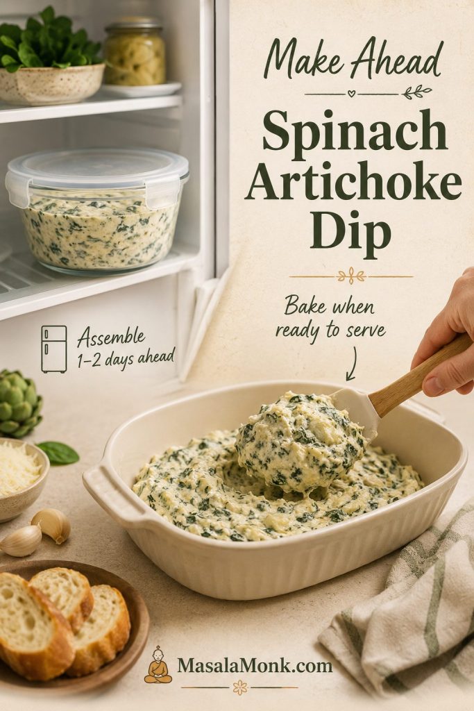 Make-ahead guide showing assembled spinach artichoke dip stored before being transferred to a baking dish.
