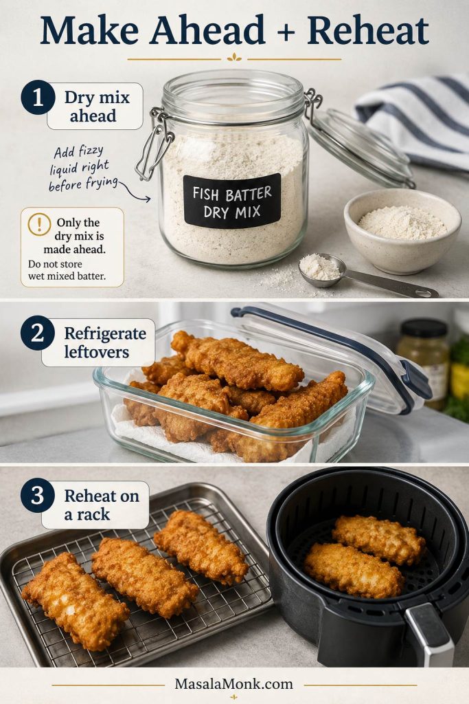 Make-ahead and reheating guide showing fish batter dry mix in a jar, leftover fried fish in a container, and reheating on a rack or air fryer basket