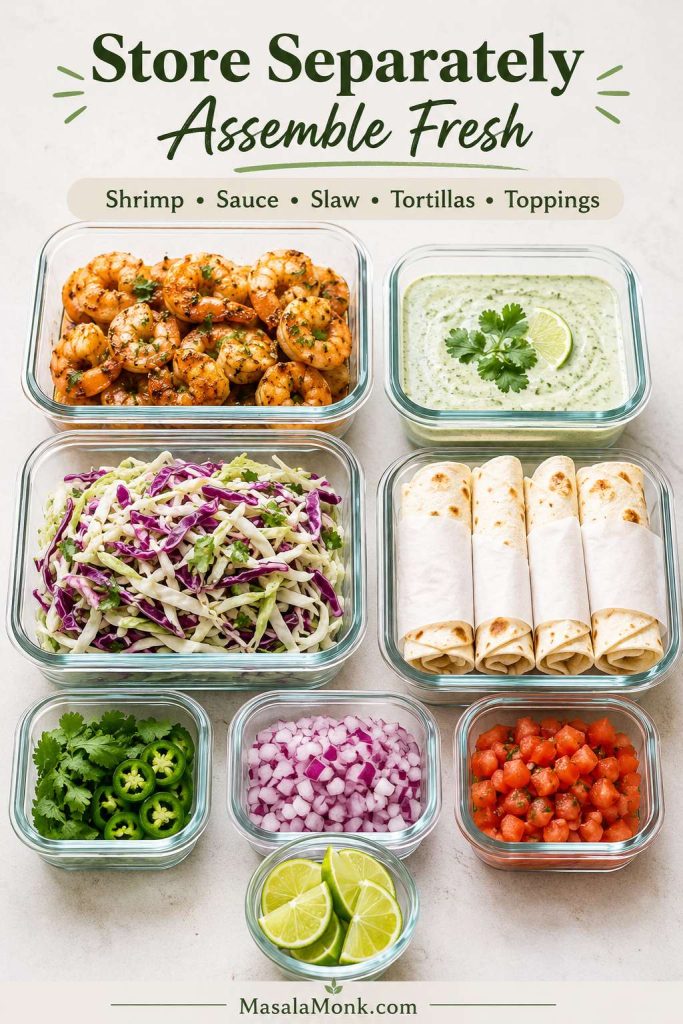 Shrimp taco storage guide with cooked shrimp, sauce, slaw, tortillas, toppings, cilantro, jalapeños, onions, tomatoes, and lime stored separately