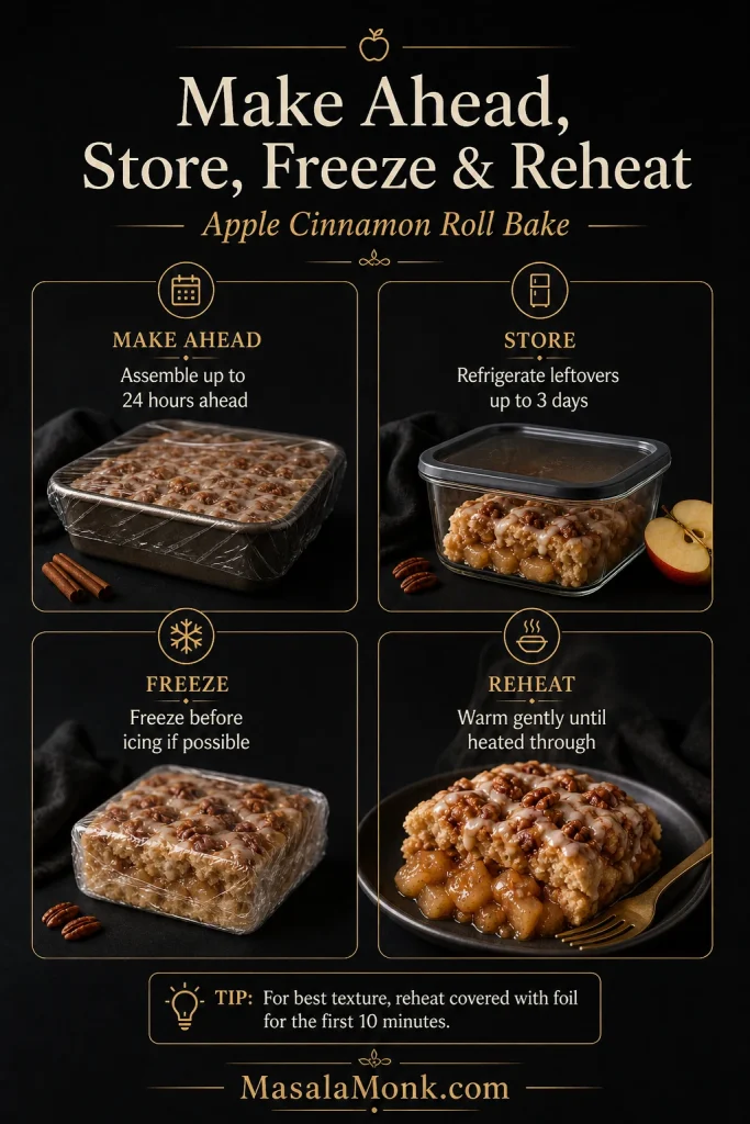Make ahead, storage, freezing, and reheating guide for apple cinnamon roll bake with covered pan, storage container, wrapped portion, and warm serving.