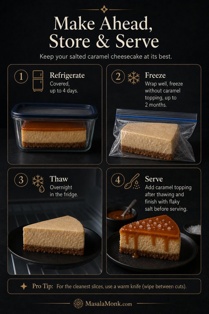Make-ahead and storage guide for salted caramel cheesecake showing refrigerator storage, freezing without topping, thawing, and serving with caramel.