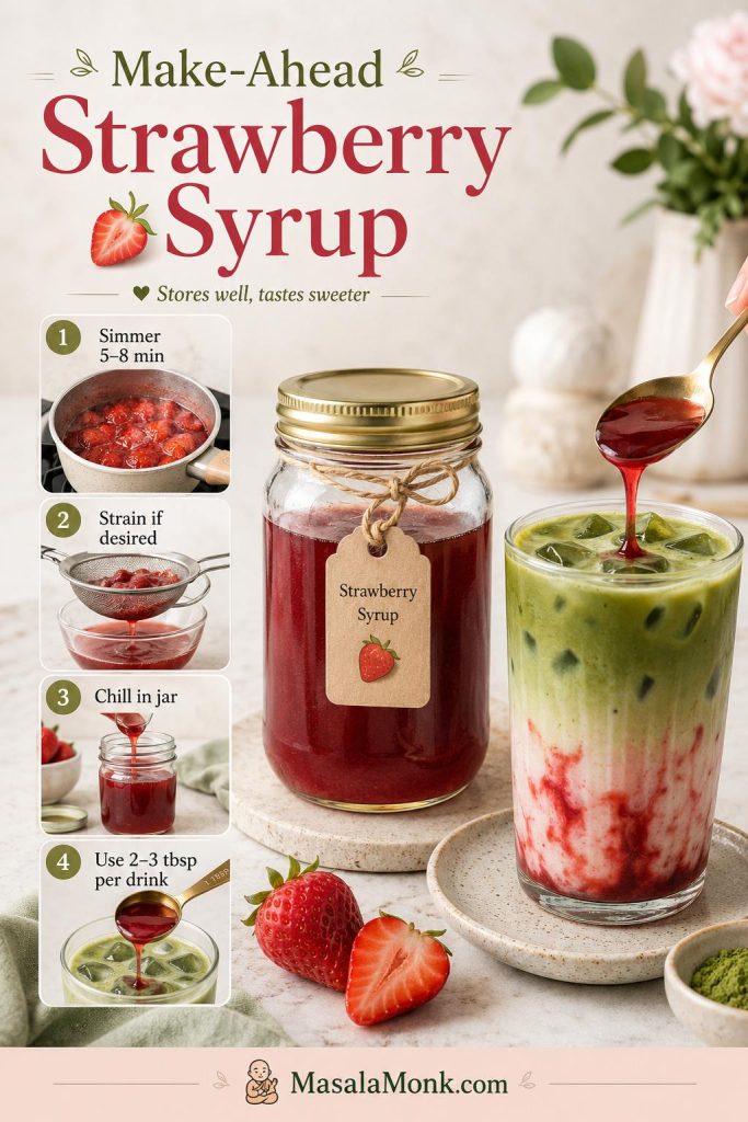 Make-ahead strawberry syrup guide with simmered strawberries, straining, syrup in a jar, and syrup spooned into a matcha latte.