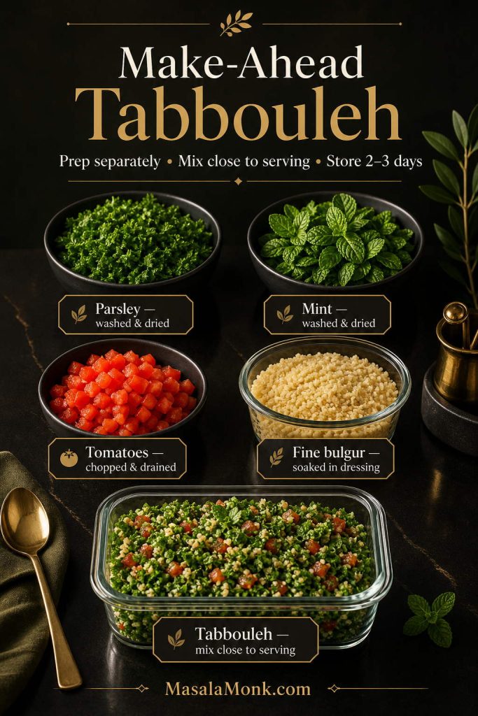 A make-ahead tabbouleh guide showing dried parsley, dried mint, drained tomatoes, fine bulgur soaked in dressing, and finished tabbouleh in a container.
