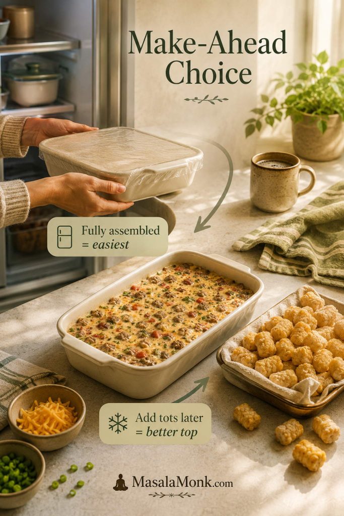 Make-ahead guide showing a covered casserole near the refrigerator and prepped filling with frozen tater tots added later.