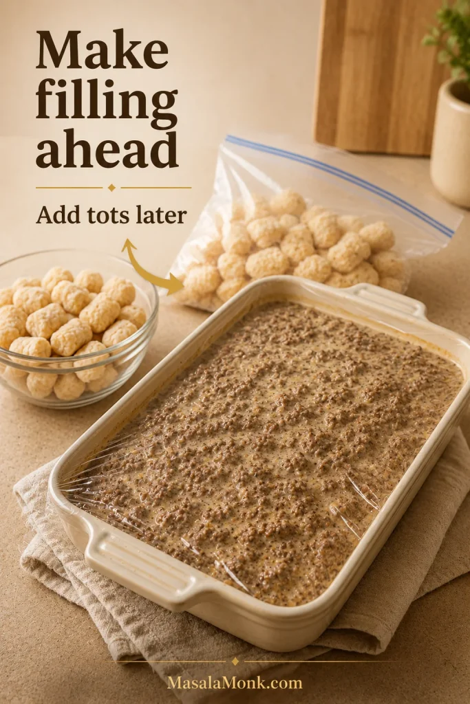 Make-ahead tater tot casserole with prepared beef filling covered in a baking dish and frozen tots kept separate