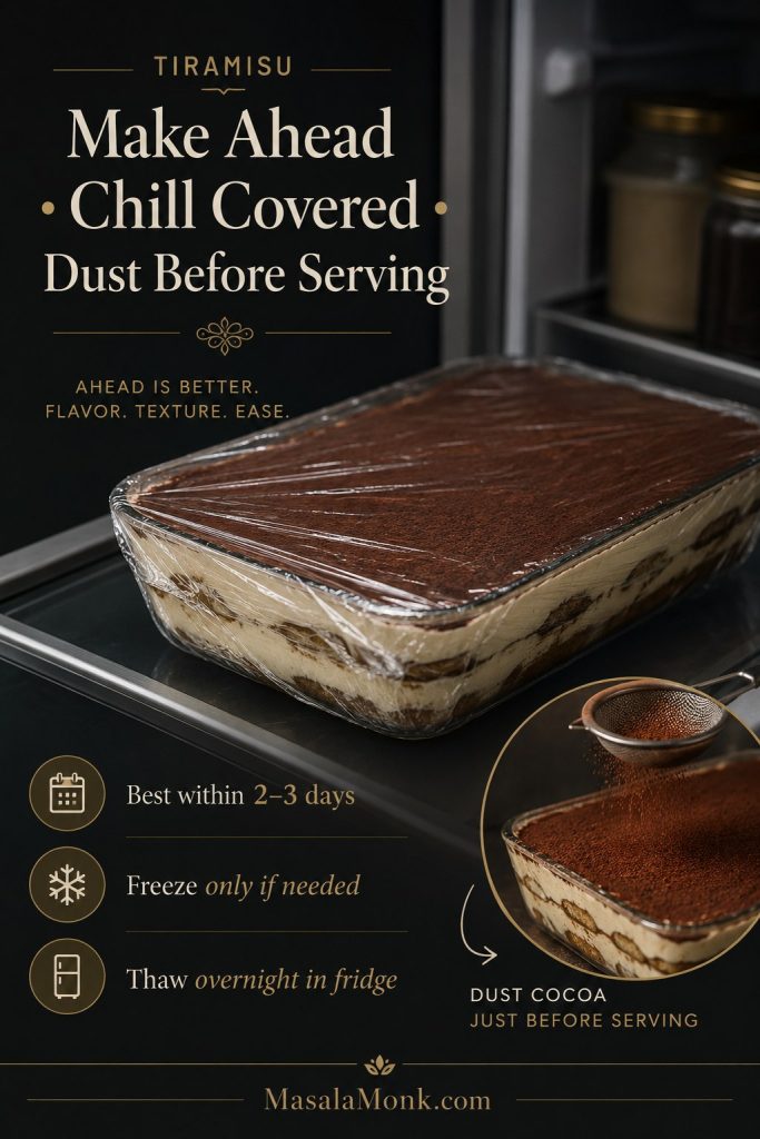 Make-ahead tiramisu storage guide showing a covered pan in the fridge, freezer note, thawing cue, and cocoa dusting before serving.