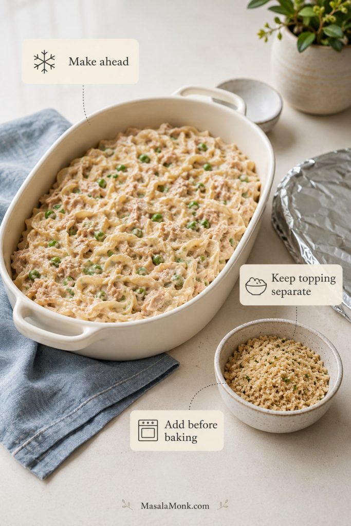Make-ahead tuna noodle casserole filling in a baking dish with crunchy topping stored separately.