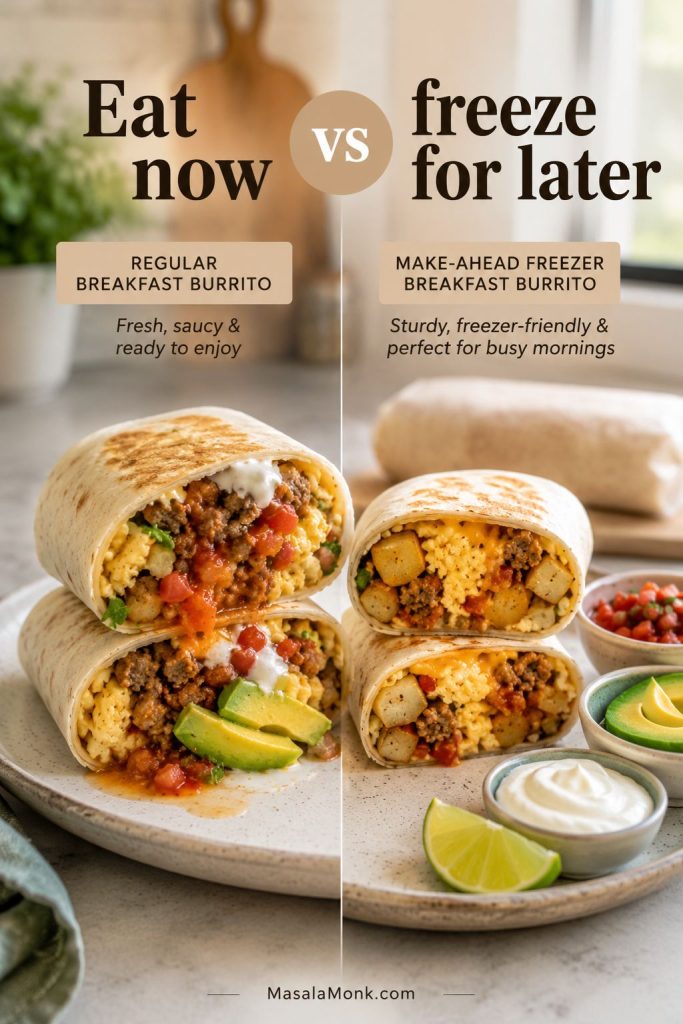 Regular breakfast burrito with fresh toppings compared with a make-ahead freezer breakfast burrito made with cooked fillings.