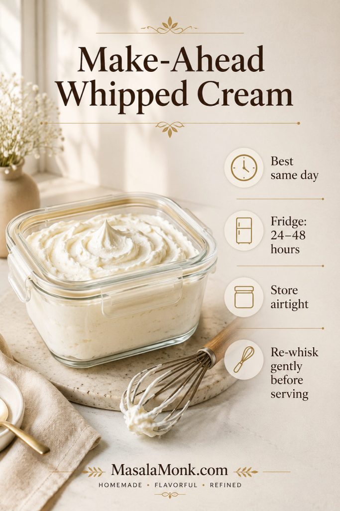 Make-ahead whipped cream stored in an airtight container with a whisk and labels for same-day use, refrigeration, and re-whisking.
