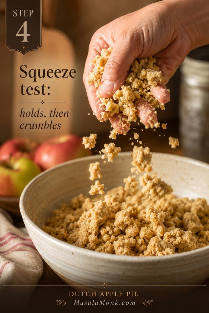 Hand squeezing Dutch apple pie crumb topping to show clumps that hold together and crumble apart.