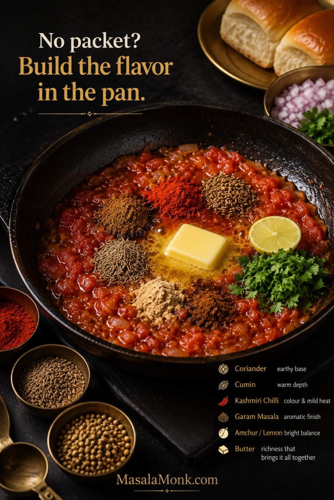 Tomatoes, butter, coriander, cumin, Kashmiri chilli, garam masala, amchur or lemon, and herbs cooking in a pan without ready-made masala.