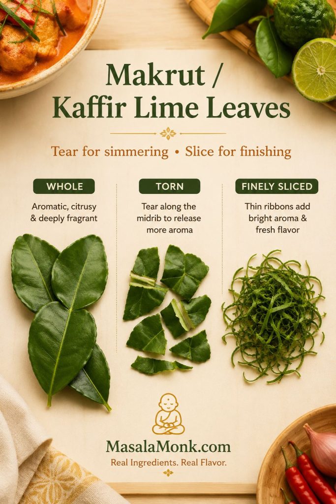 Makrut lime leaves shown whole, torn, and finely sliced, with guidance for simmering and finishing Panang curry.