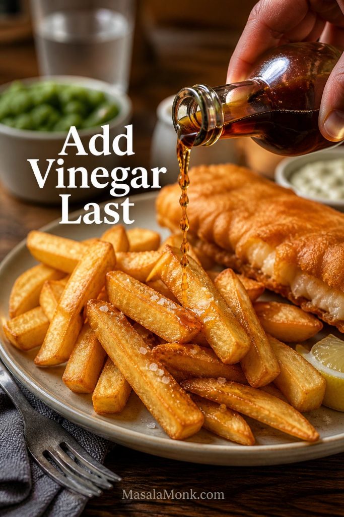 Malt vinegar being poured over thick chips beside crispy battered fish.