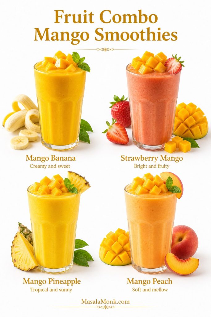 Fruit combo mango smoothies showing mango banana, strawberry mango, mango pineapple, and mango peach versions.