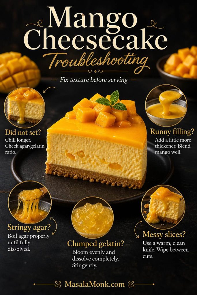 Troubleshooting graphic for mango cheesecake with issues such as runny filling, stringy agar, clumped gelatin, messy slices, and cheesecake that did not set.