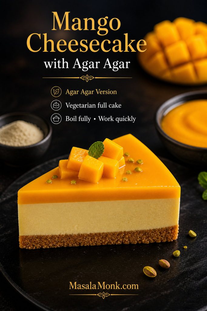 Slice of mango cheesecake with agar agar powder and mango puree, labeled as a vegetarian full cake option.