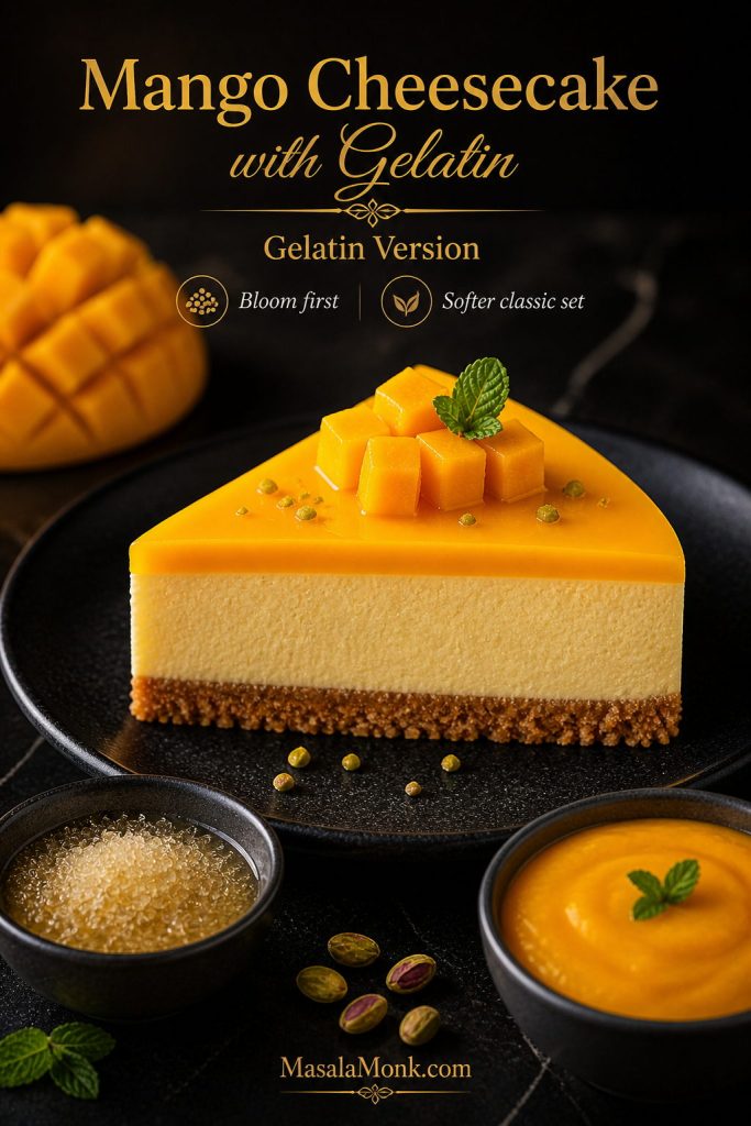 Slice of mango cheesecake with bloomed gelatin and mango puree, labeled as a softer gelatin-set version.