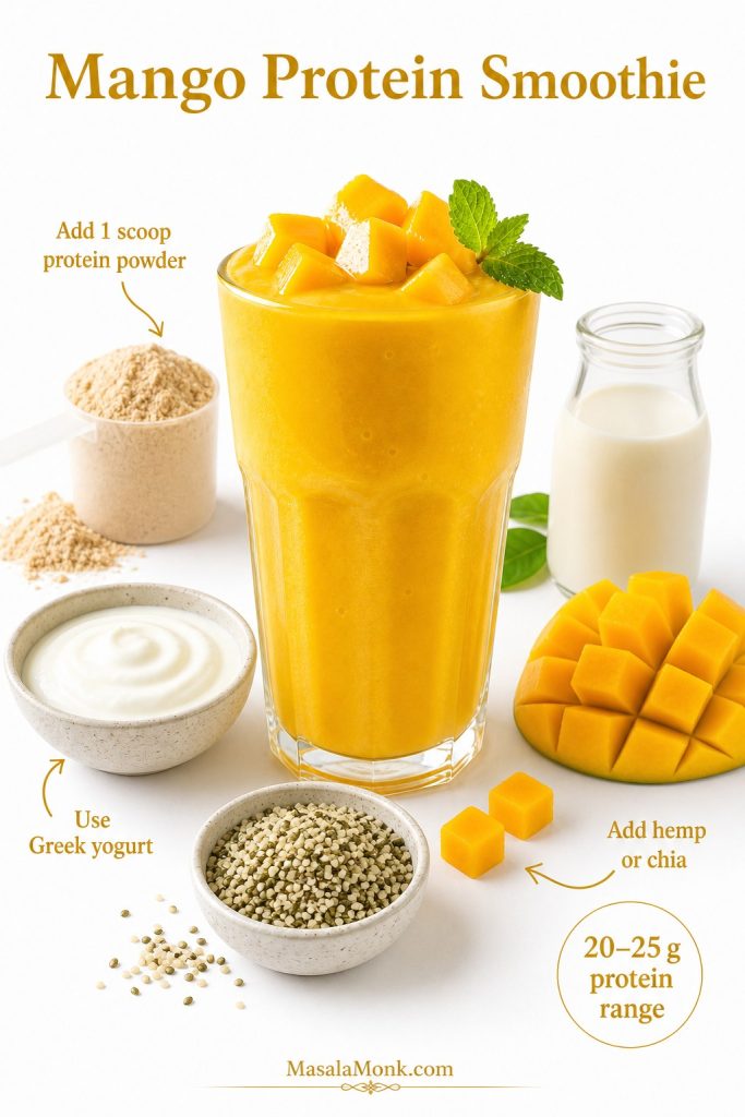 Mango protein smoothie with protein powder, Greek yogurt, hemp or chia seeds, milk, mango cubes, and a finished smoothie.