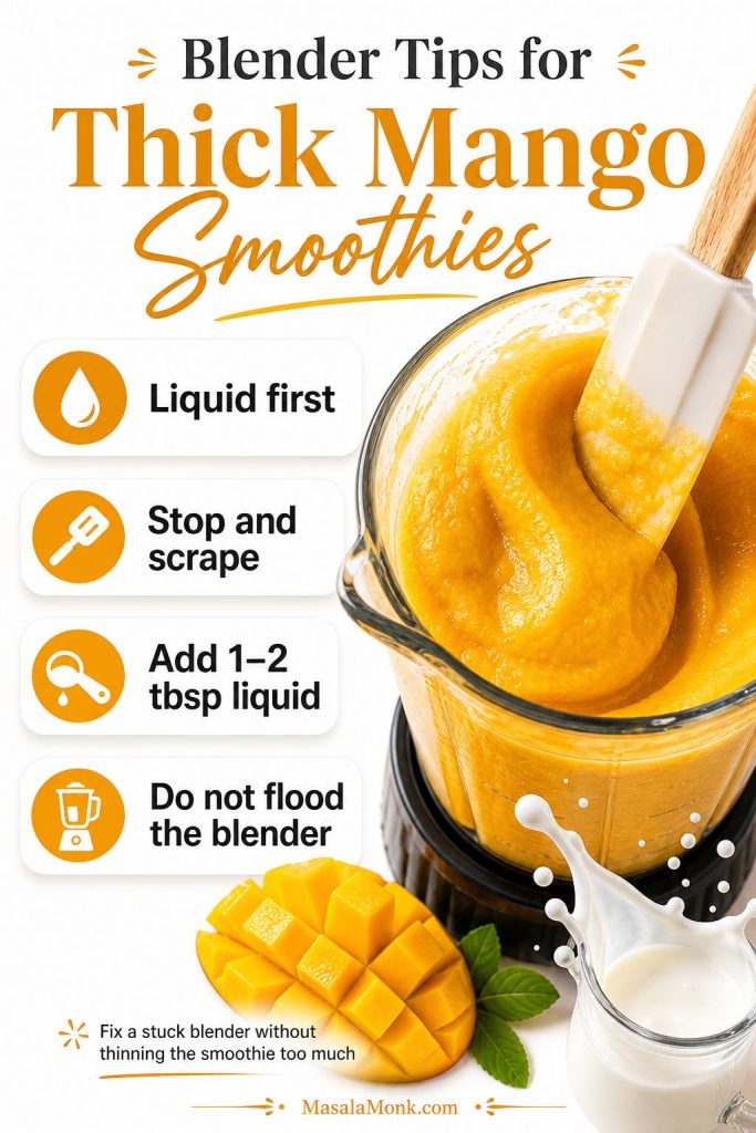 Blender tips for thick mango smoothies showing a blender jar, spatula, small liquid addition, and mango pieces.