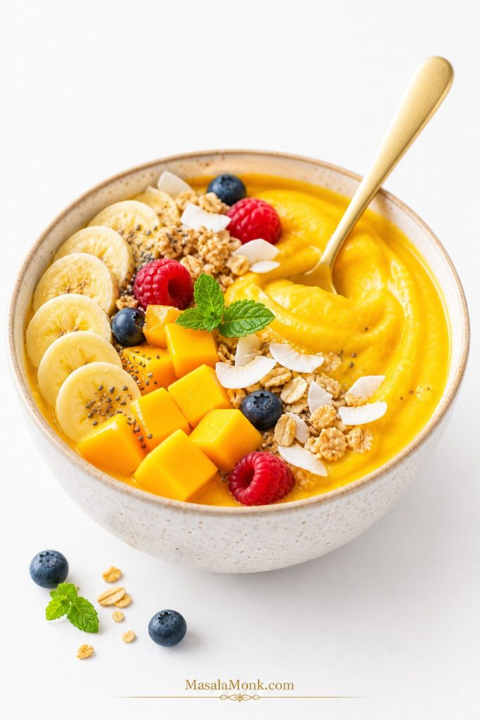 Thick mango smoothie bowl topped with mango cubes, granola, coconut flakes, chia seeds, berries, banana slices, and a spoon.