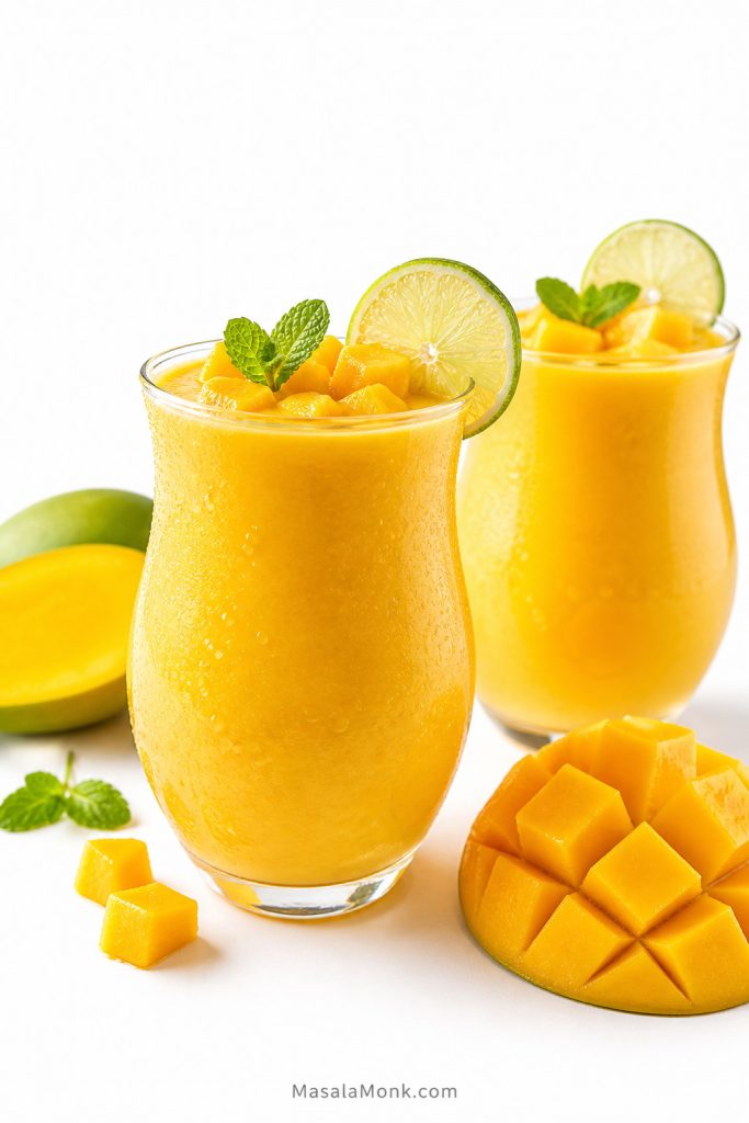 Finished mango smoothies in glasses with mango pieces, mint, and lime on a bright white background.