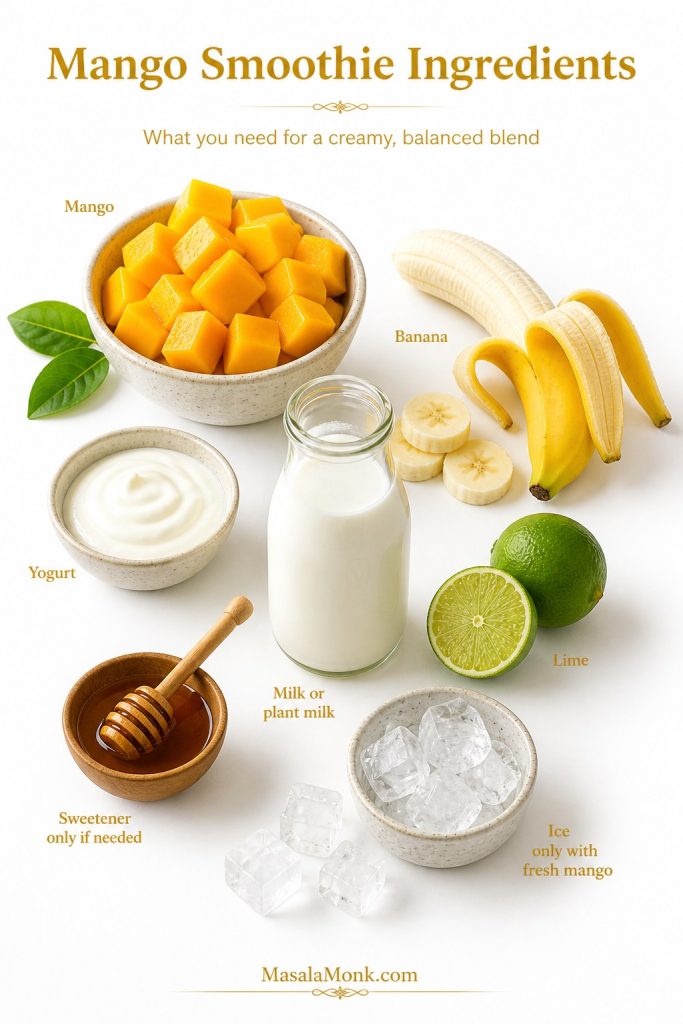 Mango smoothie ingredients arranged on a white background, including mango, banana, yogurt, milk, lime, sweetener, and ice.