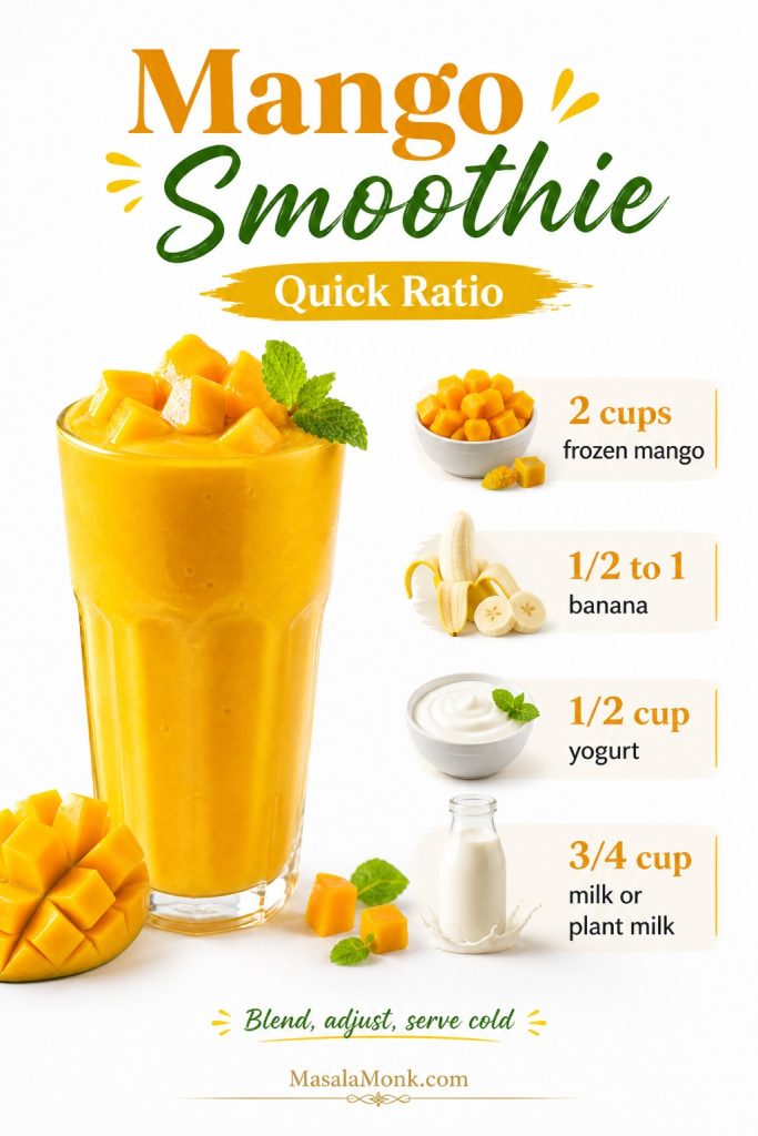 Quick mango smoothie ratio graphic showing frozen mango, banana, yogurt, milk or plant milk, and a finished smoothie.