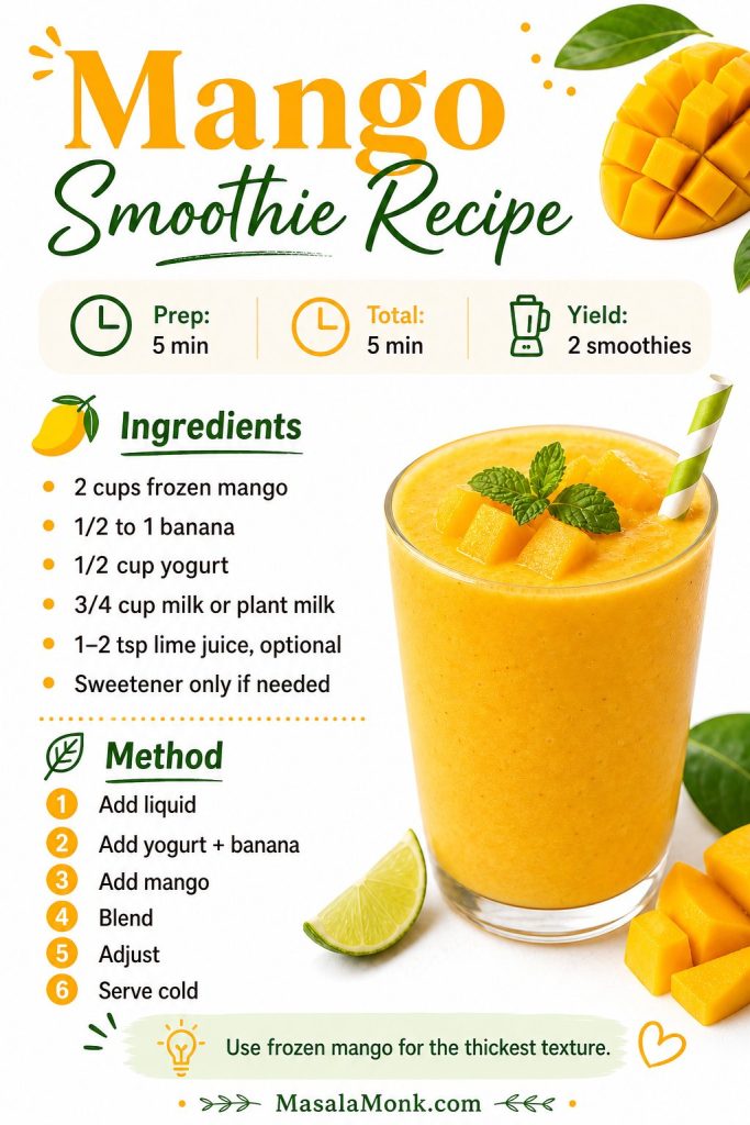 Saveable mango smoothie recipe card with prep time, yield, ingredients, method, and a finished smoothie.