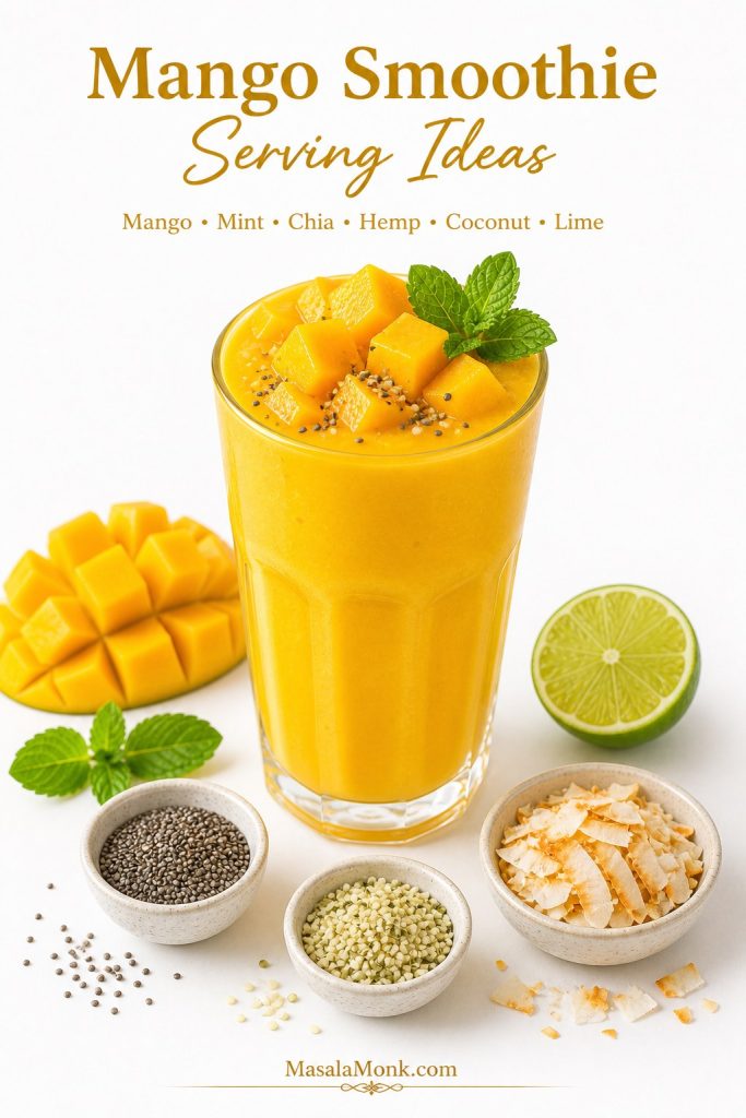 Mango smoothie serving ideas with diced mango, mint, chia seeds, hemp seeds, toasted coconut, lime, and a finished smoothie.