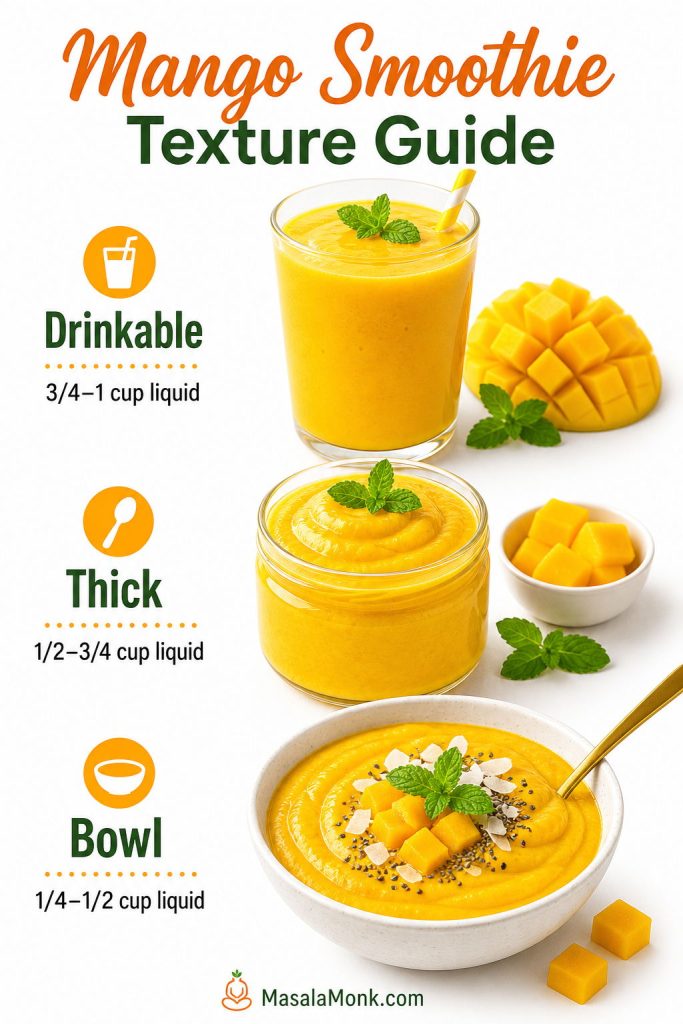 Mango smoothie texture guide showing drinkable, thick, and bowl-style versions with different liquid amounts.