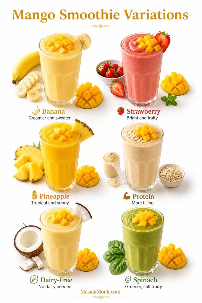 Mango smoothie variations guide showing banana, strawberry, pineapple, protein, dairy-free, and spinach versions.