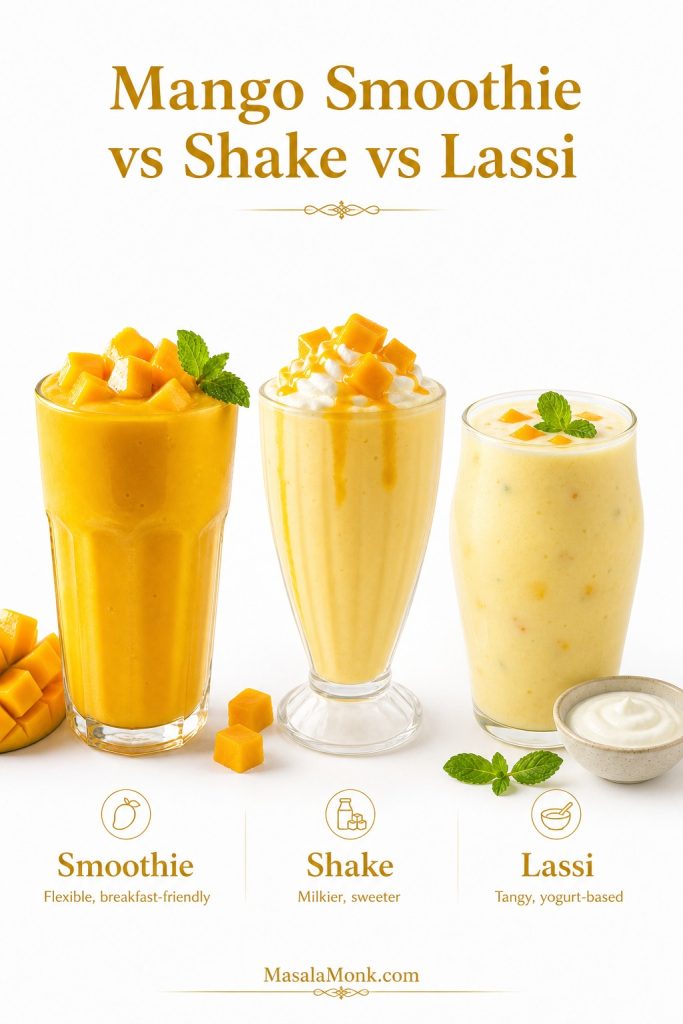 Comparison image showing mango smoothie, mango shake, and mango lassi in three glasses with different textures and labels.