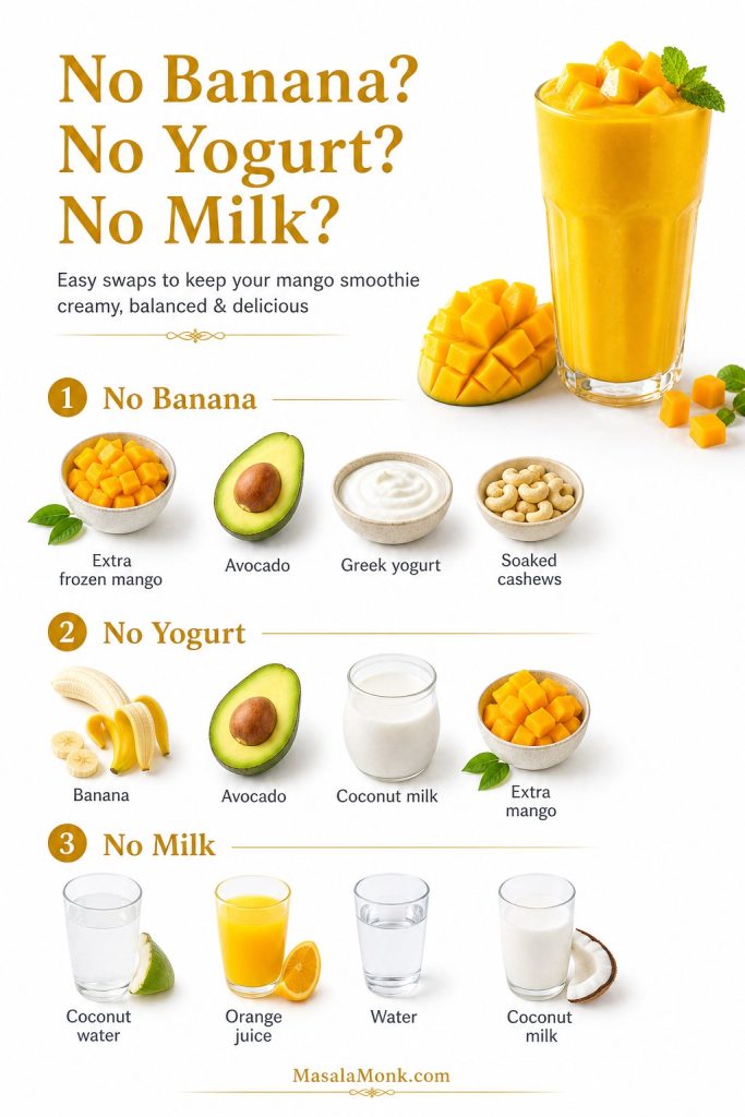 Substitution guide for making mango smoothies without banana, yogurt, or milk, with alternative ingredients in three sections.