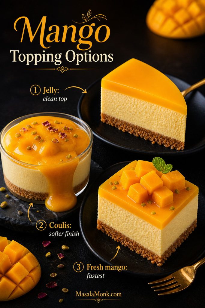 Graphic comparing three mango topping styles for cheesecake: jelly, coulis, and fresh mango cubes.