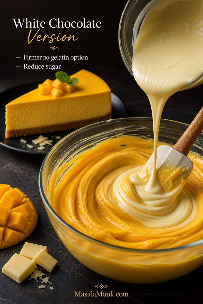 Melted white chocolate being added to mango cheesecake filling, with a finished mango cheesecake slice in the background.
