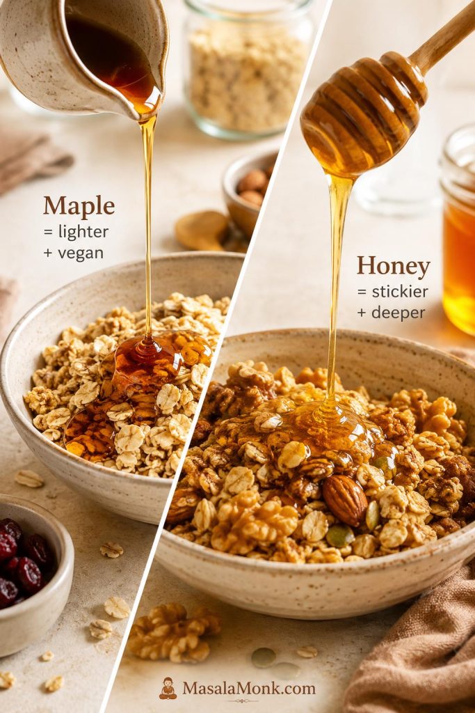 Side-by-side comparison of maple syrup and honey being poured over oats and nuts for homemade granola.