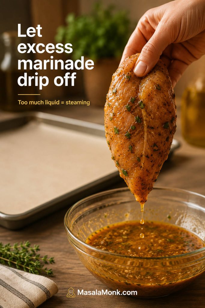 Marinated chicken breast being lifted from a bowl so excess marinade can drip off before baking.