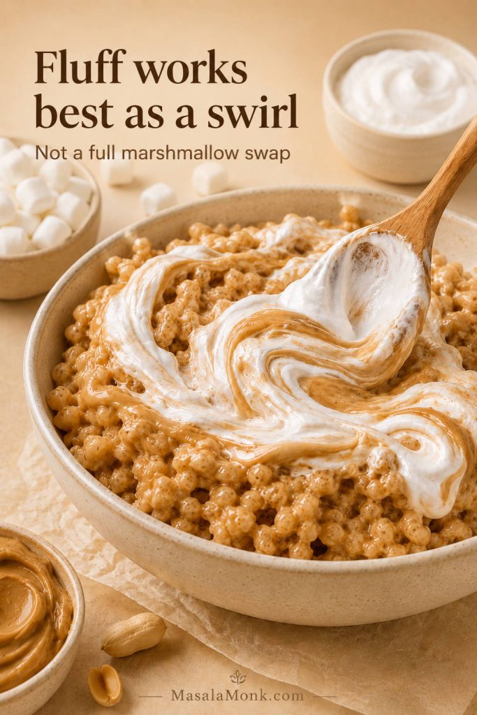 Marshmallow fluff swirled into peanut butter rice crispy treat mixture with a bowl of fluff nearby.
