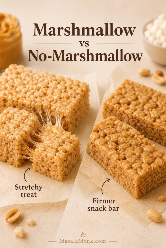 Marshmallow peanut butter rice crispy treat with stretchy pull beside a firmer no-marshmallow snack bar.