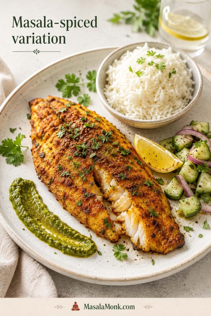 Masala-spiced baked tilapia served with rice, cucumber salad, lemon, herbs, and green chutney.