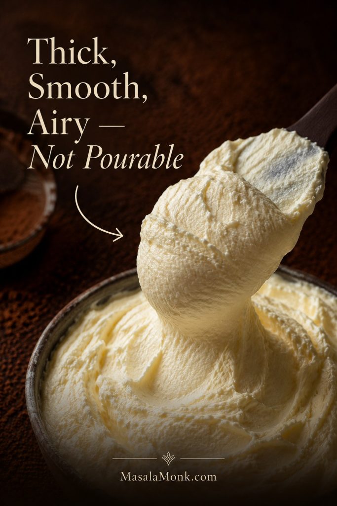 Thick mascarpone cream mounding on a spatula, with text reading “Thick, Smooth, Airy — Not Pourable.”