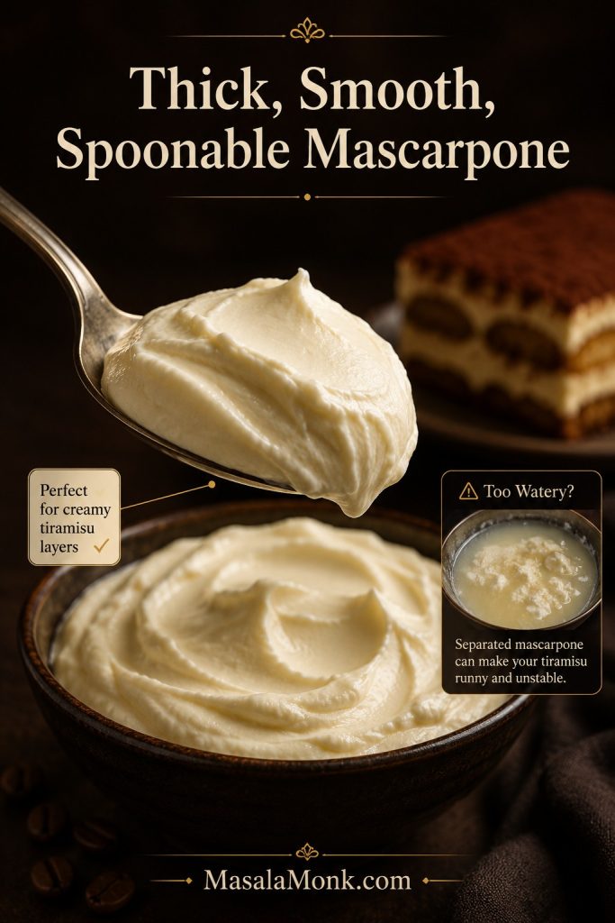 Thick mascarpone lifted on a spoon, with a small comparison cue showing watery mascarpone.