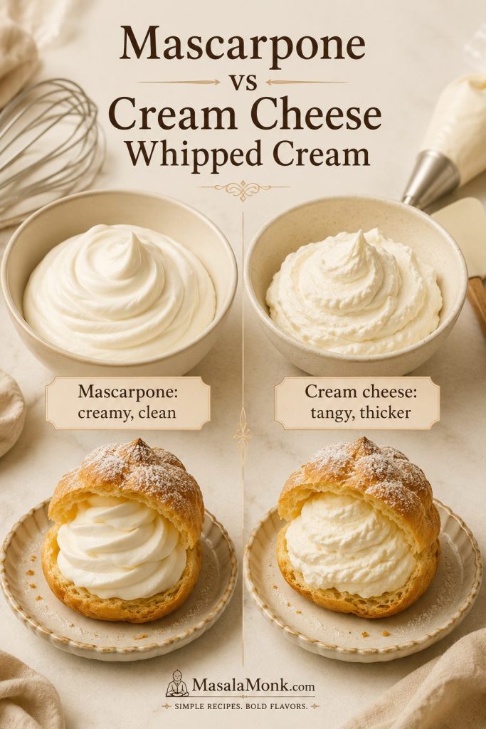 Mascarpone whipped cream and cream cheese whipped cream compared as stabilized cream puff fillings.