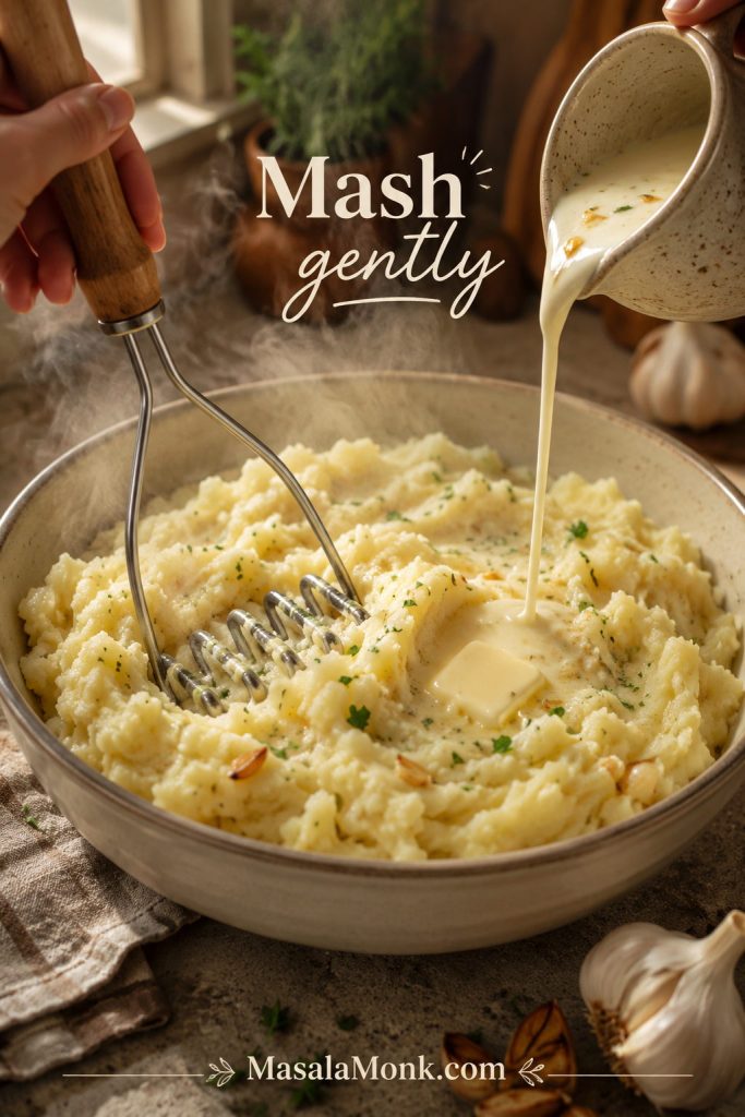 Warm garlic butter being folded into hot potatoes with a masher or spoon.