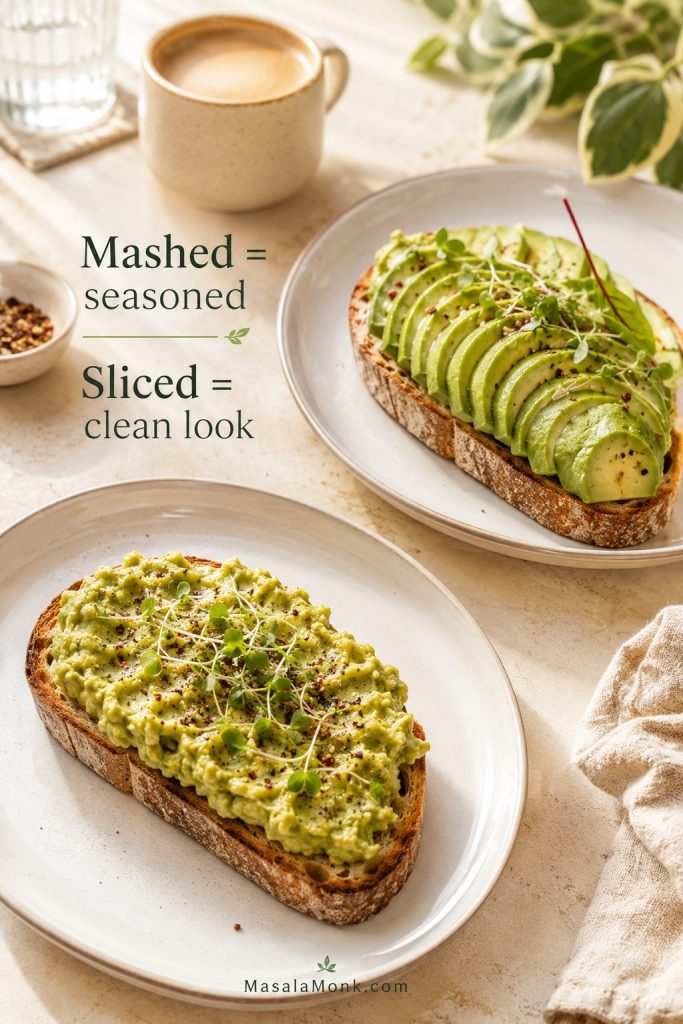 Two avocado toasts comparing mashed seasoned avocado with clean sliced avocado on café plates.