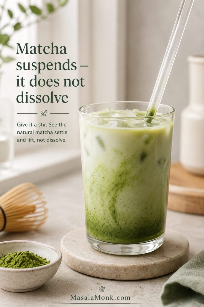 Side-view iced matcha latte showing matcha settling slightly while being stirred back into the drink