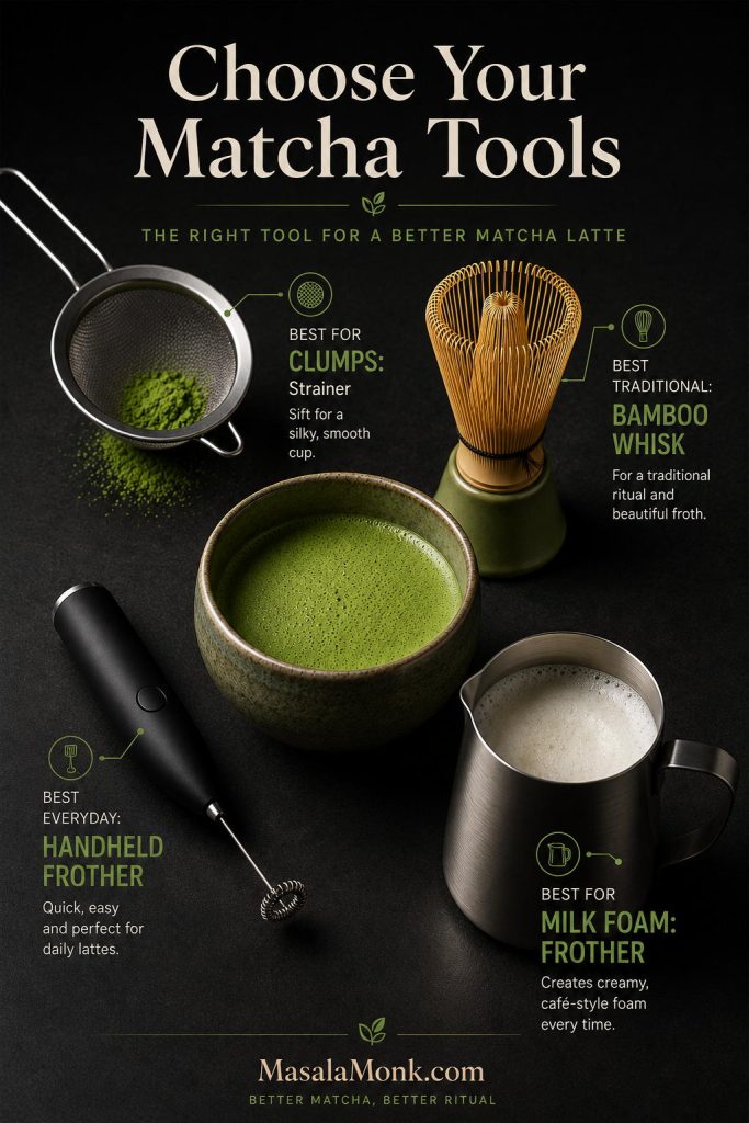 Matcha latte tools including fine mesh strainer, bamboo whisk, handheld frother, wide bowl, and milk frother.