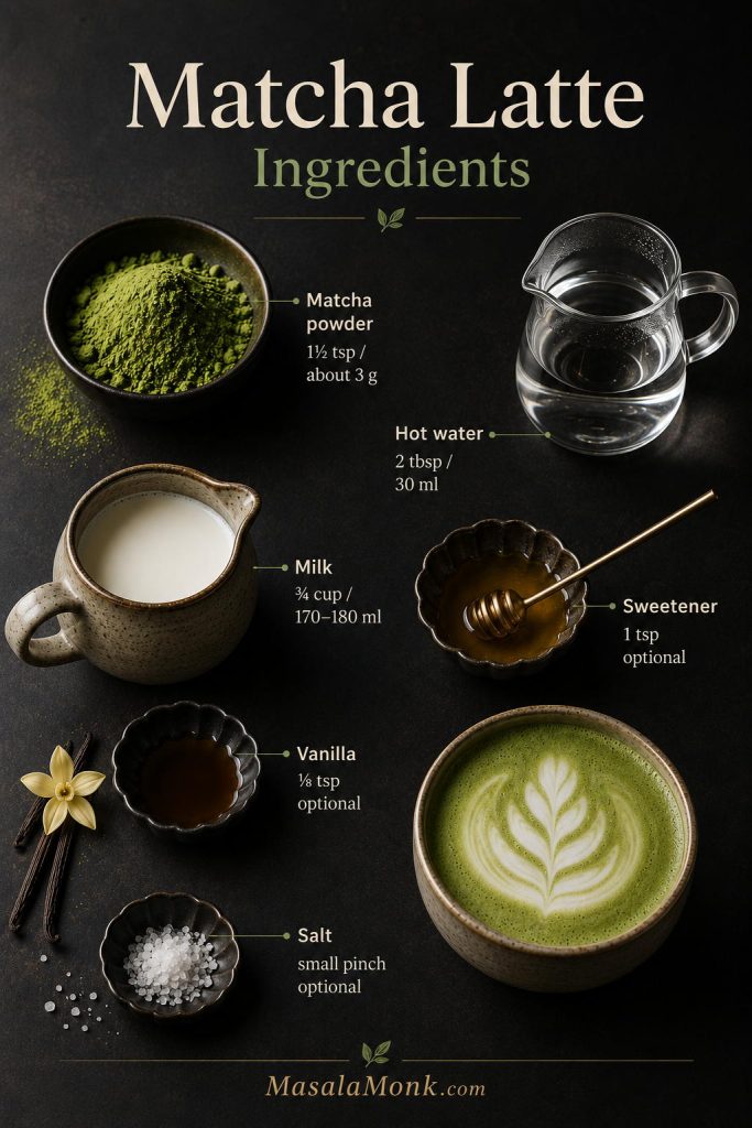 Matcha latte ingredients with matcha powder, hot water, milk, sweetener, vanilla, and salt.