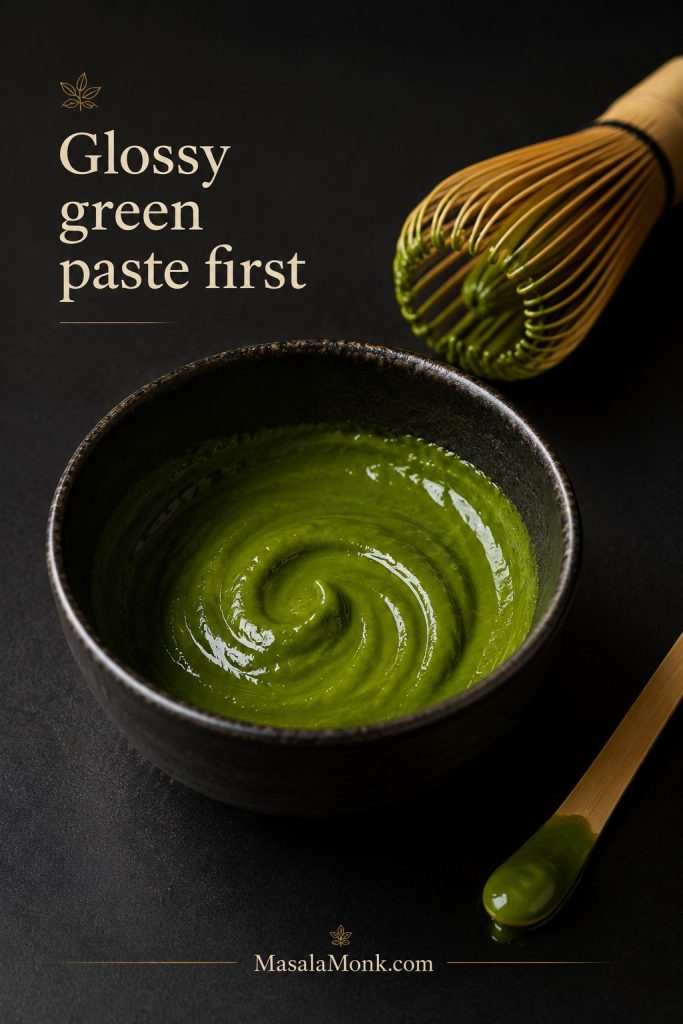 Thick glossy green matcha paste in a dark bowl with a bamboo whisk and spoon nearby.