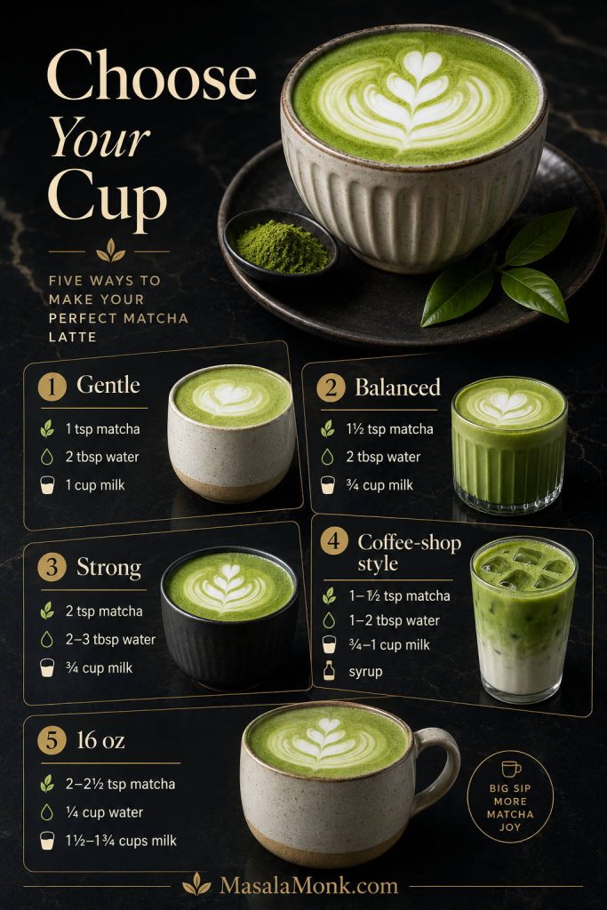 Matcha latte ratio guide for gentle, balanced, strong, coffee-shop style, and 16 ounce versions.